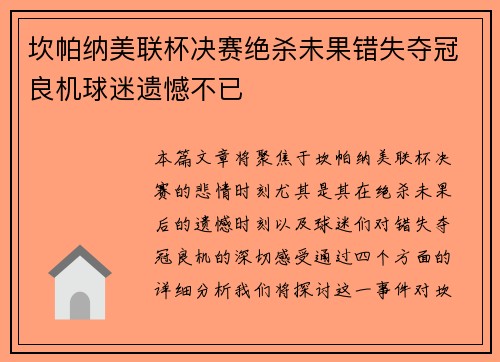 坎帕纳美联杯决赛绝杀未果错失夺冠良机球迷遗憾不已